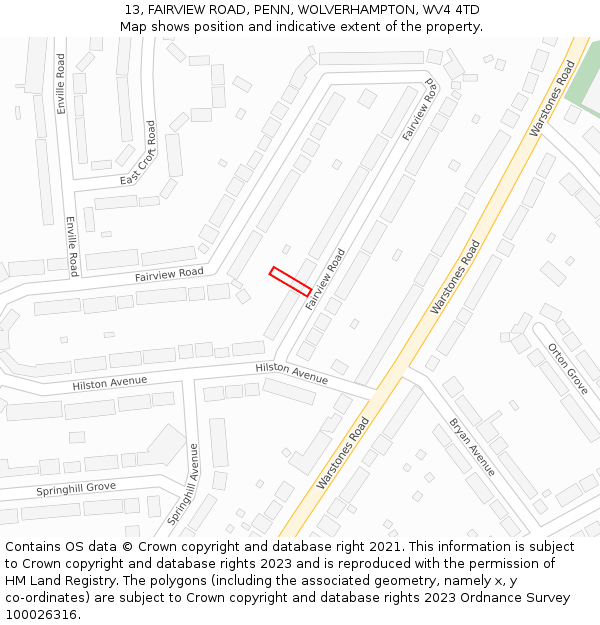 13, FAIRVIEW ROAD, PENN, WOLVERHAMPTON, WV4 4TD: Location map and indicative extent of plot