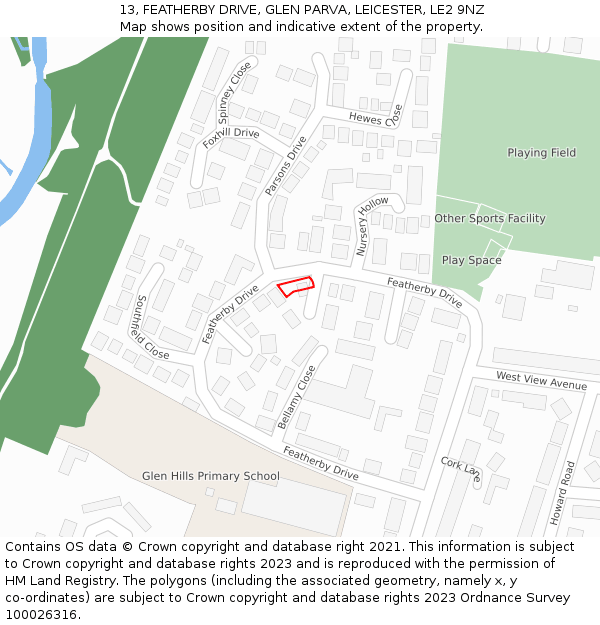 13, FEATHERBY DRIVE, GLEN PARVA, LEICESTER, LE2 9NZ: Location map and indicative extent of plot