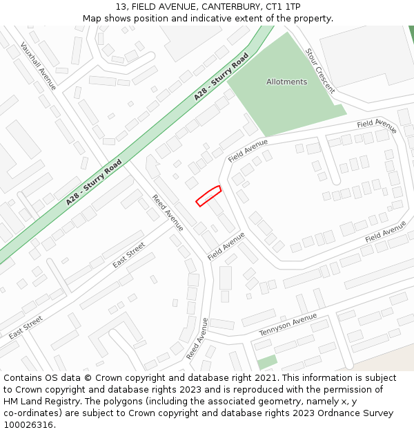 13, FIELD AVENUE, CANTERBURY, CT1 1TP: Location map and indicative extent of plot