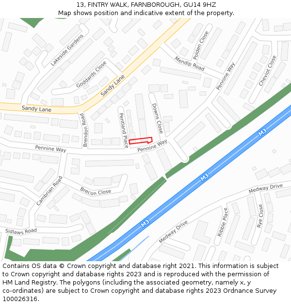 13, FINTRY WALK, FARNBOROUGH, GU14 9HZ: Location map and indicative extent of plot