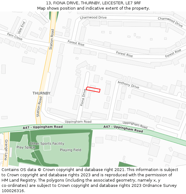 13, FIONA DRIVE, THURNBY, LEICESTER, LE7 9RF: Location map and indicative extent of plot
