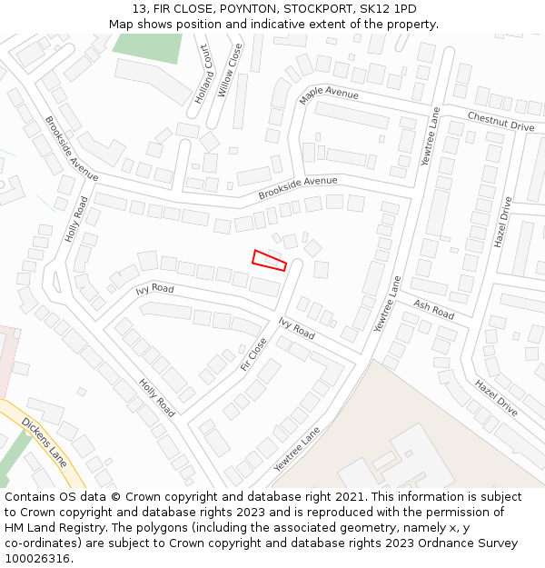 13, FIR CLOSE, POYNTON, STOCKPORT, SK12 1PD: Location map and indicative extent of plot
