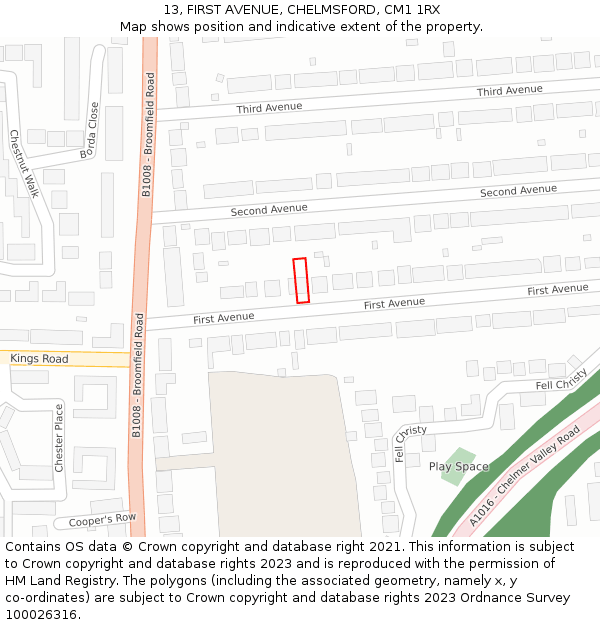 13, FIRST AVENUE, CHELMSFORD, CM1 1RX: Location map and indicative extent of plot