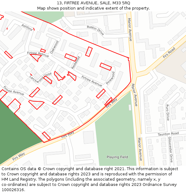 13, FIRTREE AVENUE, SALE, M33 5RQ: Location map and indicative extent of plot