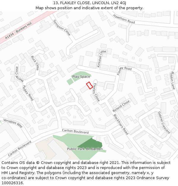 13, FLAXLEY CLOSE, LINCOLN, LN2 4GJ: Location map and indicative extent of plot