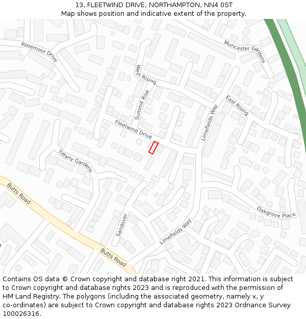 13, FLEETWIND DRIVE, NORTHAMPTON, NN4 0ST: Location map and indicative extent of plot