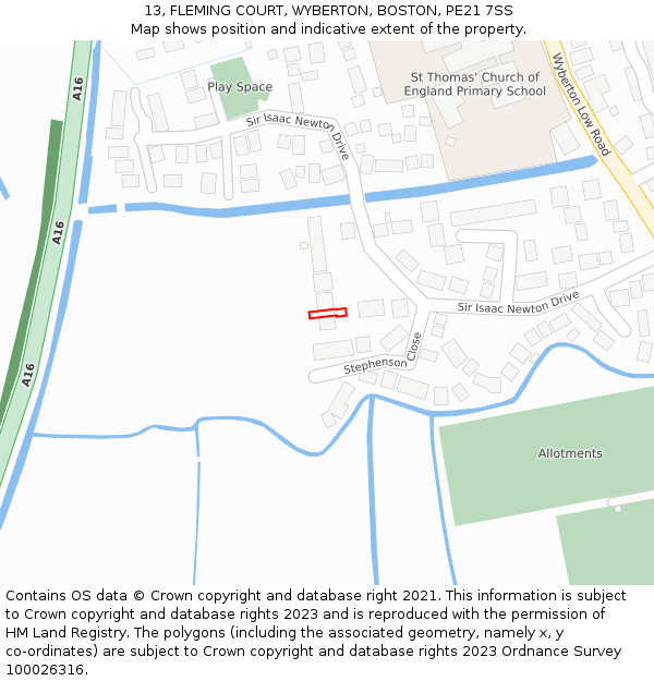 13, FLEMING COURT, WYBERTON, BOSTON, PE21 7SS: Location map and indicative extent of plot