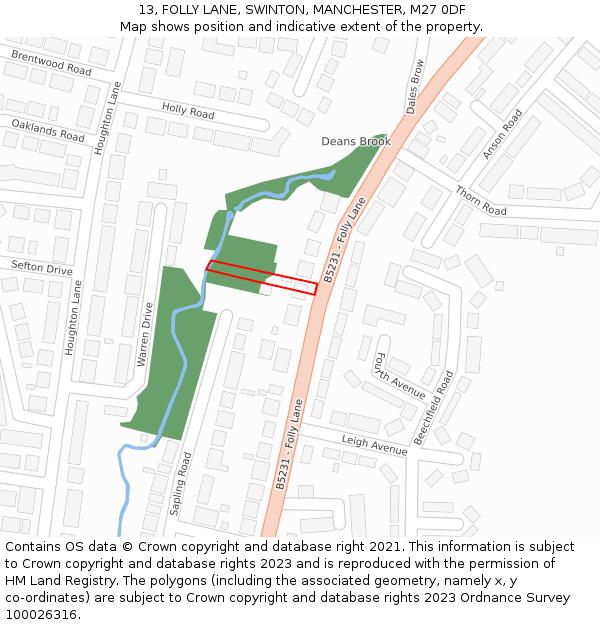 13, FOLLY LANE, SWINTON, MANCHESTER, M27 0DF: Location map and indicative extent of plot