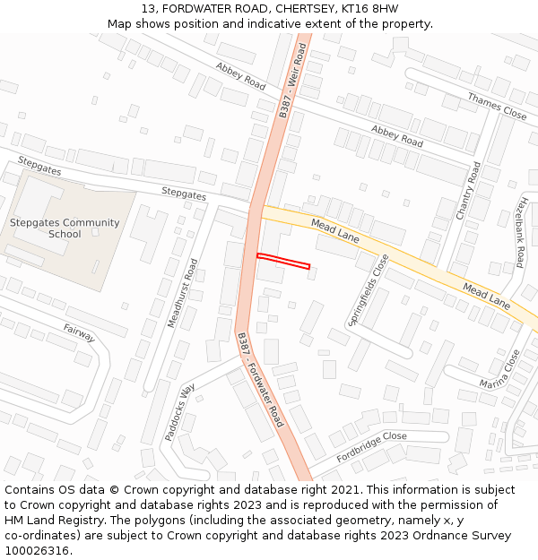 13, FORDWATER ROAD, CHERTSEY, KT16 8HW: Location map and indicative extent of plot
