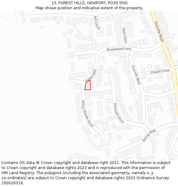 13, FOREST HILLS, NEWPORT, PO30 5NG: Location map and indicative extent of plot