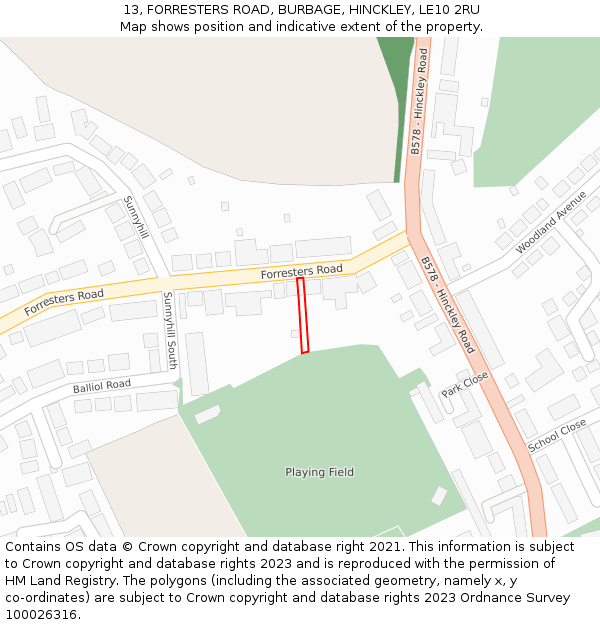 13, FORRESTERS ROAD, BURBAGE, HINCKLEY, LE10 2RU: Location map and indicative extent of plot