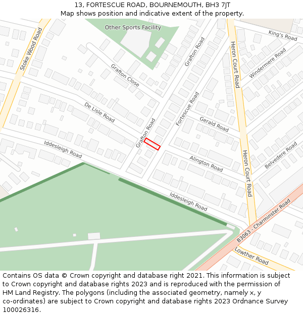 13, FORTESCUE ROAD, BOURNEMOUTH, BH3 7JT: Location map and indicative extent of plot
