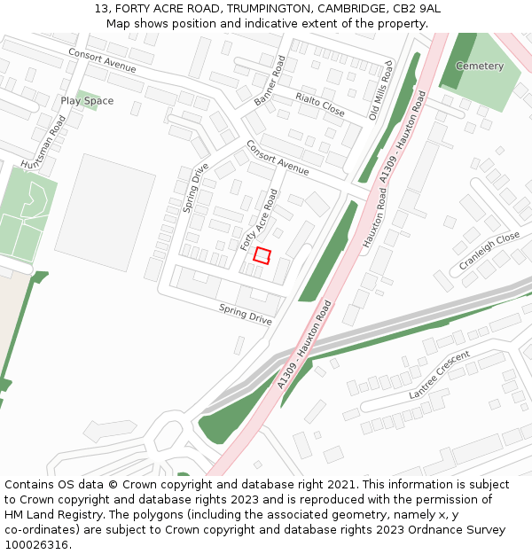 13, FORTY ACRE ROAD, TRUMPINGTON, CAMBRIDGE, CB2 9AL: Location map and indicative extent of plot