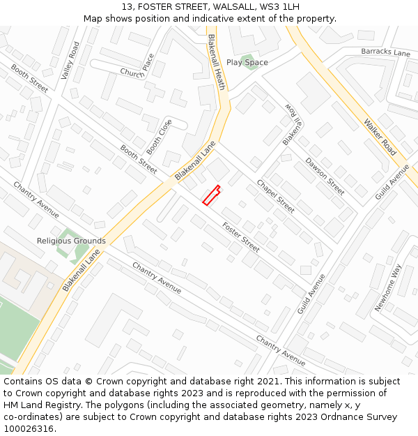 13, FOSTER STREET, WALSALL, WS3 1LH: Location map and indicative extent of plot