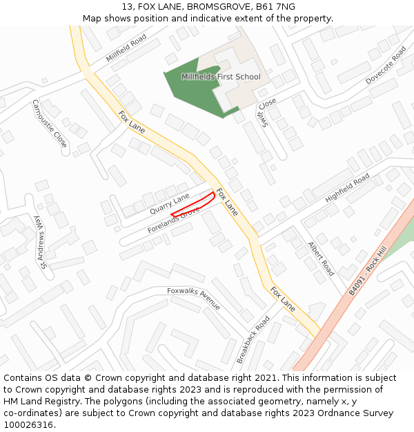 13, FOX LANE, BROMSGROVE, B61 7NG: Location map and indicative extent of plot