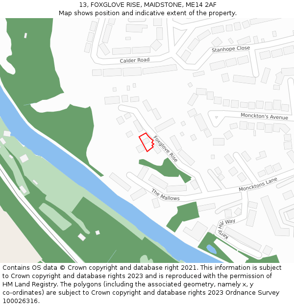 13, FOXGLOVE RISE, MAIDSTONE, ME14 2AF: Location map and indicative extent of plot