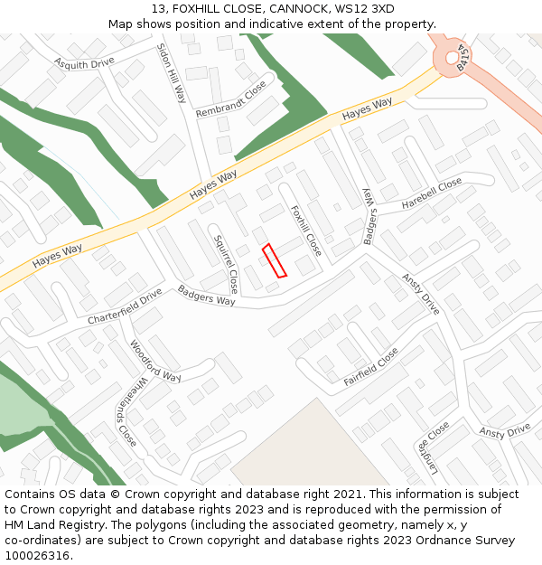 13, FOXHILL CLOSE, CANNOCK, WS12 3XD: Location map and indicative extent of plot