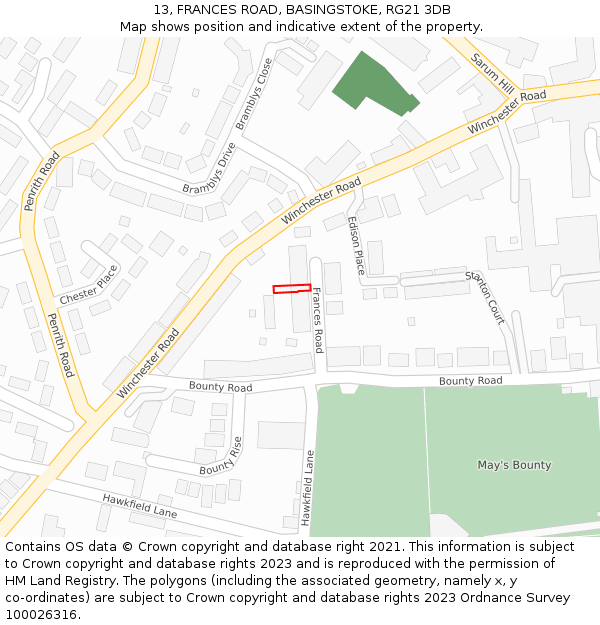 13, FRANCES ROAD, BASINGSTOKE, RG21 3DB: Location map and indicative extent of plot