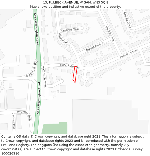 13, FULBECK AVENUE, WIGAN, WN3 5QN: Location map and indicative extent of plot