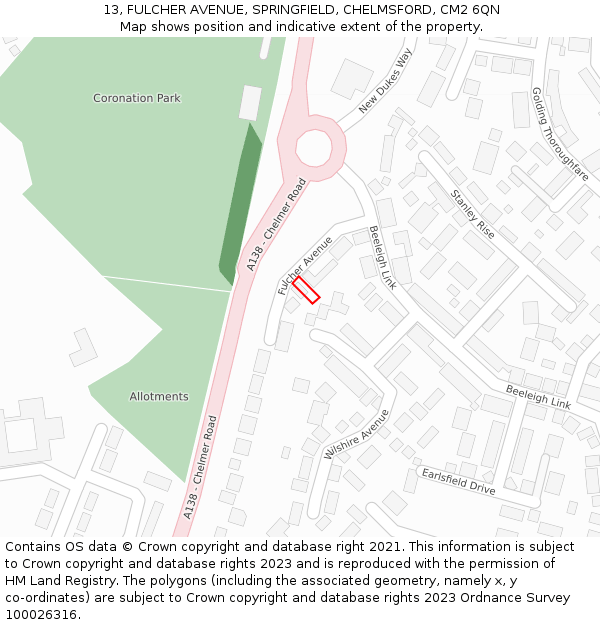 13, FULCHER AVENUE, SPRINGFIELD, CHELMSFORD, CM2 6QN: Location map and indicative extent of plot