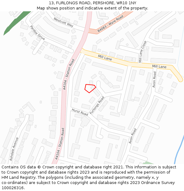 13, FURLONGS ROAD, PERSHORE, WR10 1NY: Location map and indicative extent of plot