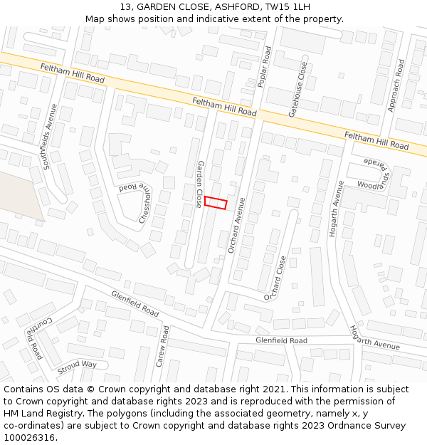 13, GARDEN CLOSE, ASHFORD, TW15 1LH: Location map and indicative extent of plot