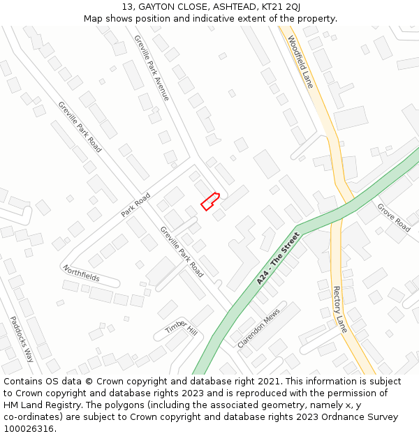 13, GAYTON CLOSE, ASHTEAD, KT21 2QJ: Location map and indicative extent of plot