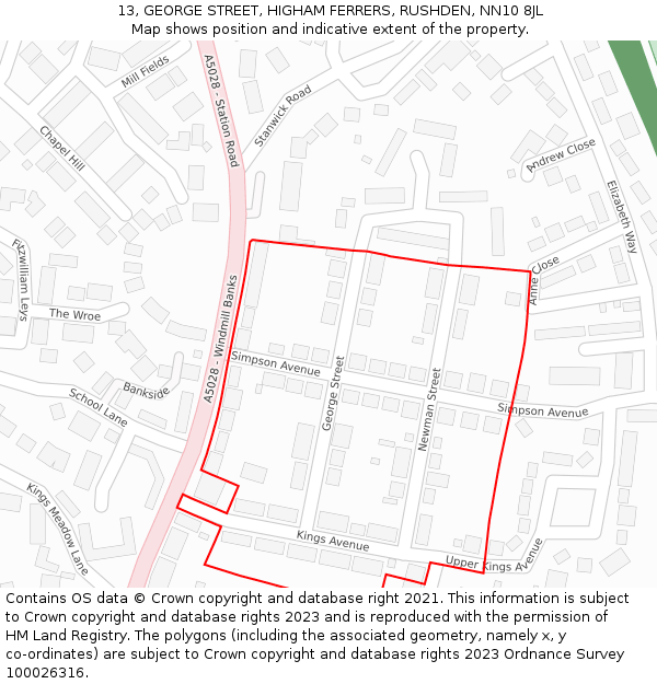 13, GEORGE STREET, HIGHAM FERRERS, RUSHDEN, NN10 8JL: Location map and indicative extent of plot