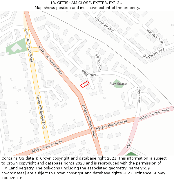 13, GITTISHAM CLOSE, EXETER, EX1 3UL: Location map and indicative extent of plot