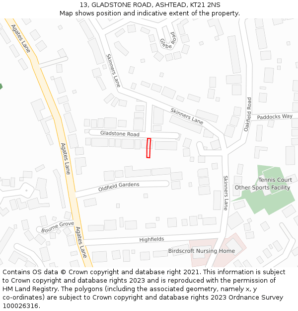 13, GLADSTONE ROAD, ASHTEAD, KT21 2NS: Location map and indicative extent of plot