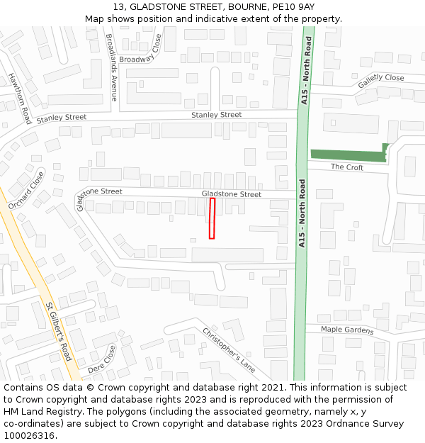 13, GLADSTONE STREET, BOURNE, PE10 9AY: Location map and indicative extent of plot