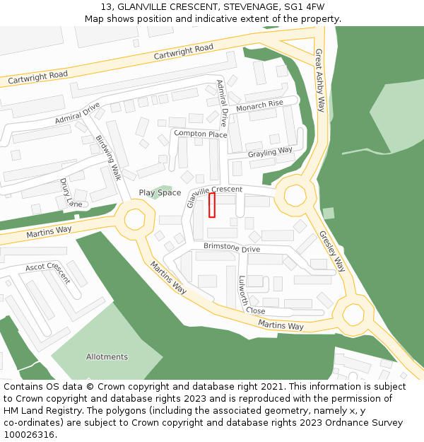 13, GLANVILLE CRESCENT, STEVENAGE, SG1 4FW: Location map and indicative extent of plot