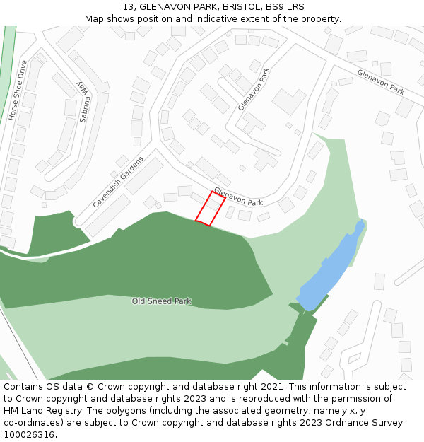 13, GLENAVON PARK, BRISTOL, BS9 1RS: Location map and indicative extent of plot
