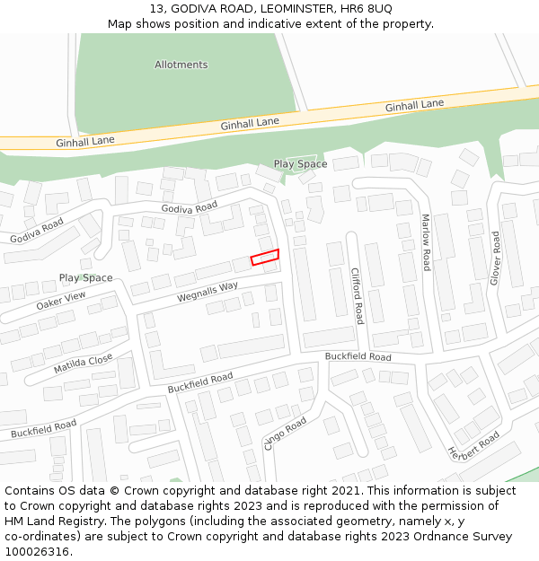 13, GODIVA ROAD, LEOMINSTER, HR6 8UQ: Location map and indicative extent of plot