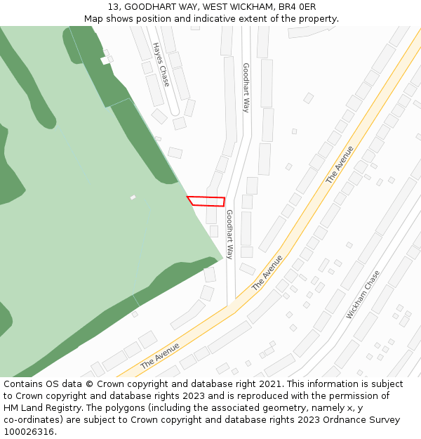 13, GOODHART WAY, WEST WICKHAM, BR4 0ER: Location map and indicative extent of plot