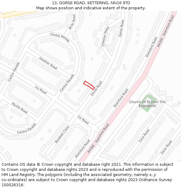 13, GORSE ROAD, KETTERING, NN16 9TD: Location map and indicative extent of plot