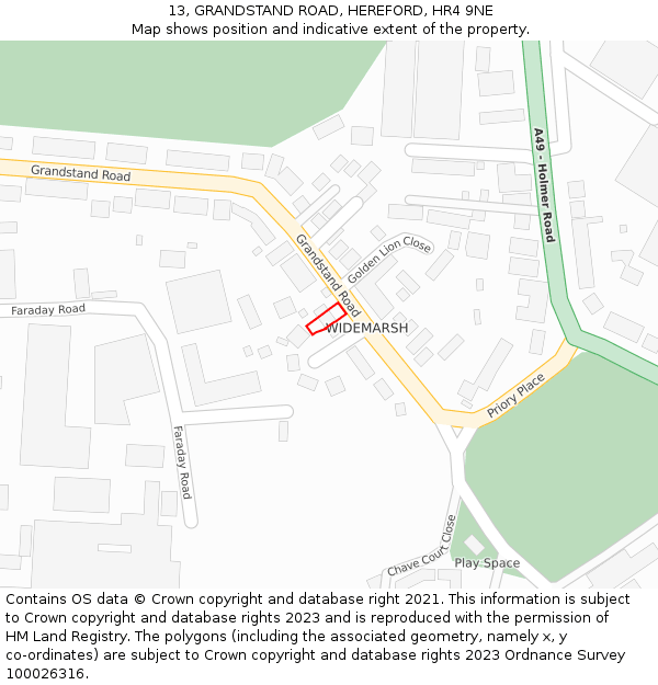 13, GRANDSTAND ROAD, HEREFORD, HR4 9NE: Location map and indicative extent of plot