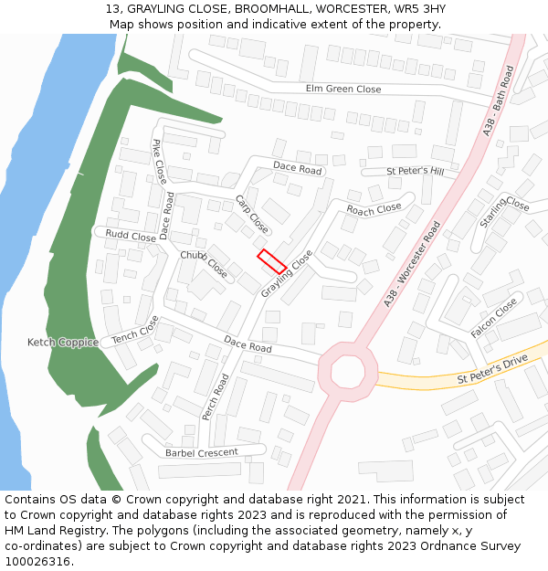 13, GRAYLING CLOSE, BROOMHALL, WORCESTER, WR5 3HY: Location map and indicative extent of plot