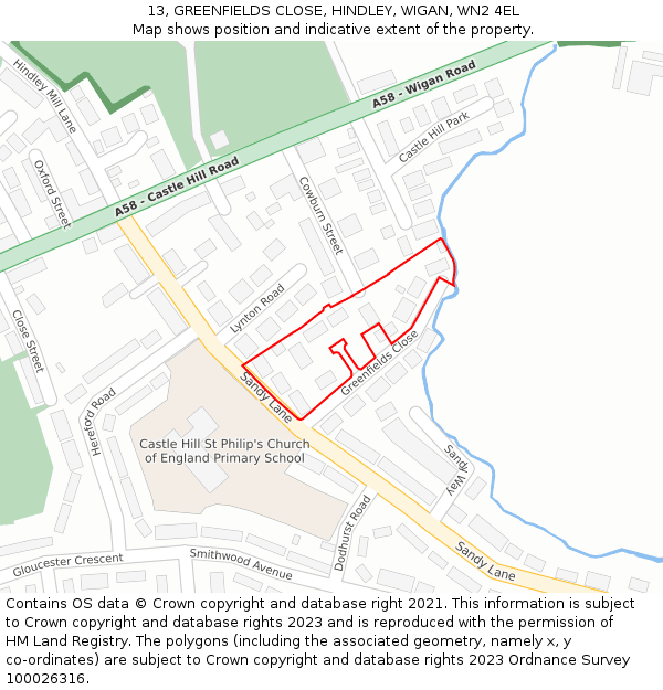 13, GREENFIELDS CLOSE, HINDLEY, WIGAN, WN2 4EL: Location map and indicative extent of plot