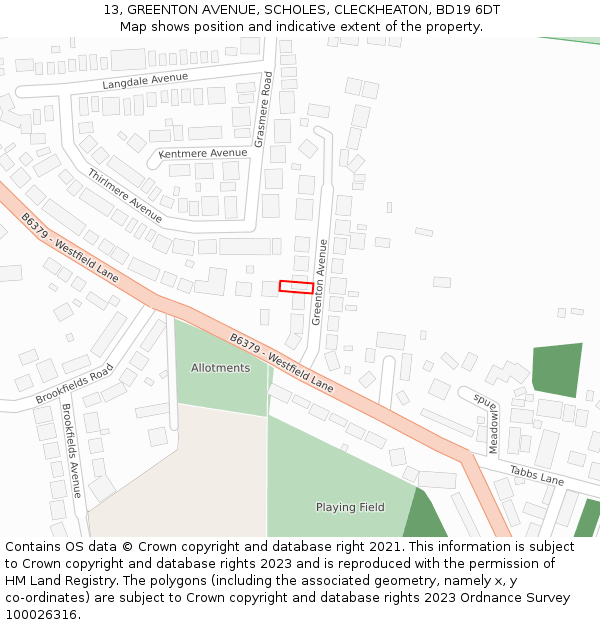 13, GREENTON AVENUE, SCHOLES, CLECKHEATON, BD19 6DT: Location map and indicative extent of plot