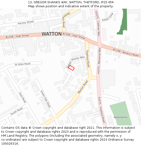 13, GREGOR SHANKS WAY, WATTON, THETFORD, IP25 6FA: Location map and indicative extent of plot