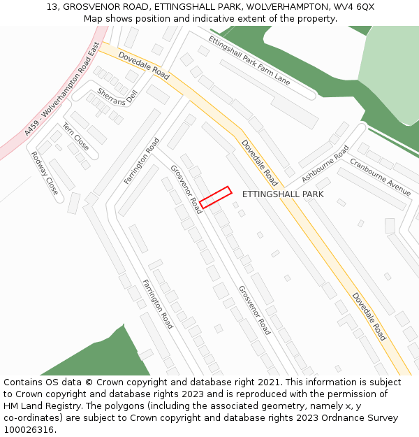 13, GROSVENOR ROAD, ETTINGSHALL PARK, WOLVERHAMPTON, WV4 6QX: Location map and indicative extent of plot