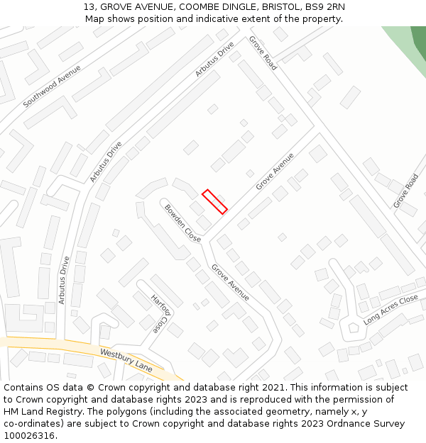 13, GROVE AVENUE, COOMBE DINGLE, BRISTOL, BS9 2RN: Location map and indicative extent of plot