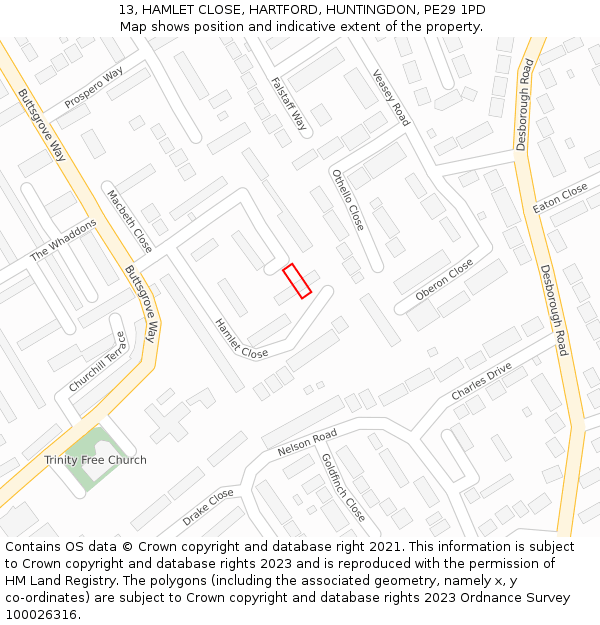 13, HAMLET CLOSE, HARTFORD, HUNTINGDON, PE29 1PD: Location map and indicative extent of plot
