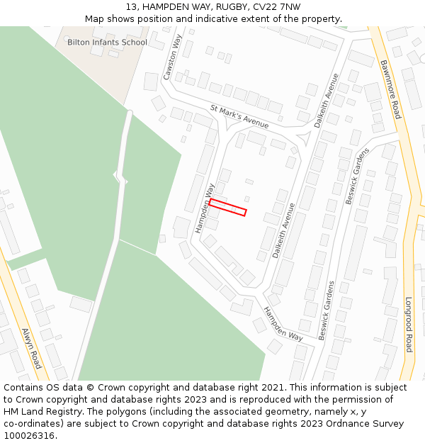 13, HAMPDEN WAY, RUGBY, CV22 7NW: Location map and indicative extent of plot