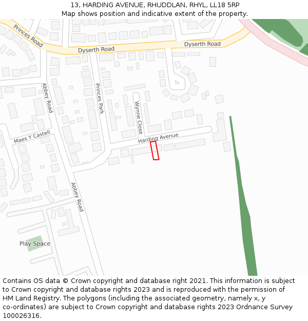 13, HARDING AVENUE, RHUDDLAN, RHYL, LL18 5RP: Location map and indicative extent of plot