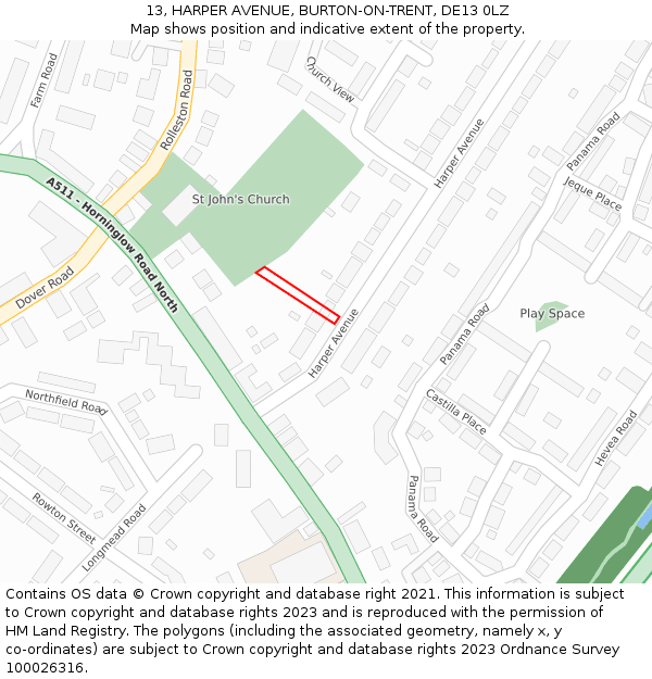 13, HARPER AVENUE, BURTON-ON-TRENT, DE13 0LZ: Location map and indicative extent of plot