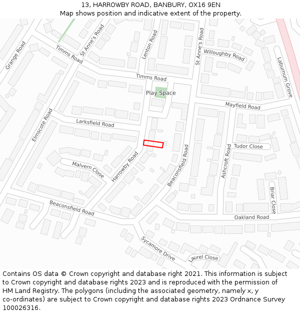 13, HARROWBY ROAD, BANBURY, OX16 9EN: Location map and indicative extent of plot