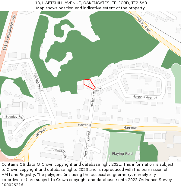 13, HARTSHILL AVENUE, OAKENGATES, TELFORD, TF2 6AR: Location map and indicative extent of plot