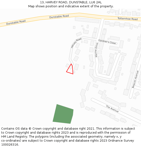 13, HARVEY ROAD, DUNSTABLE, LU6 2AL: Location map and indicative extent of plot